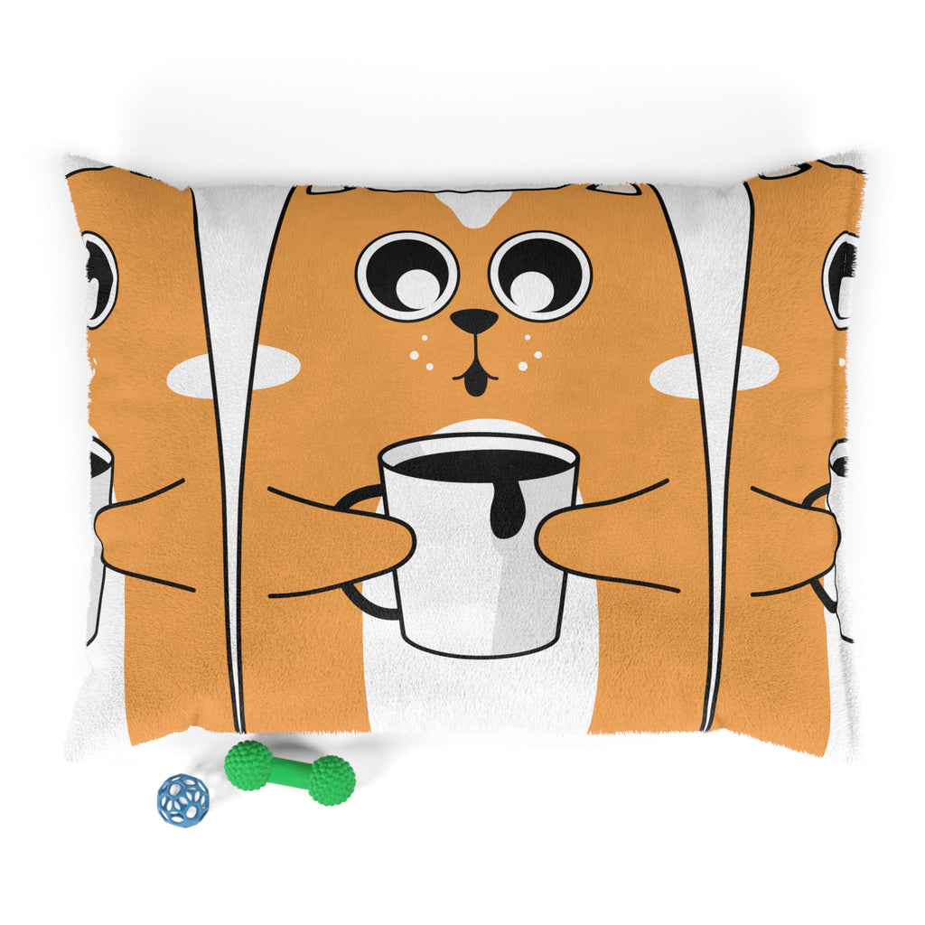 Cute Coffee Cat Pet Bed — Orange Cartoon Cat Holding Mug Dog Bed